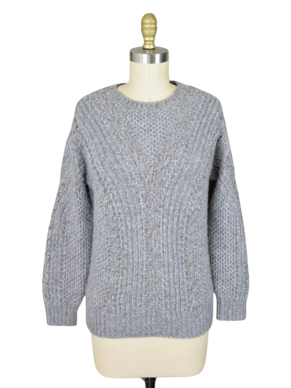 WHITE HOUSE BLACK MARKET EMBELLISHED CABLE KNIT GRAY SWEATER - Picture 3 of 9